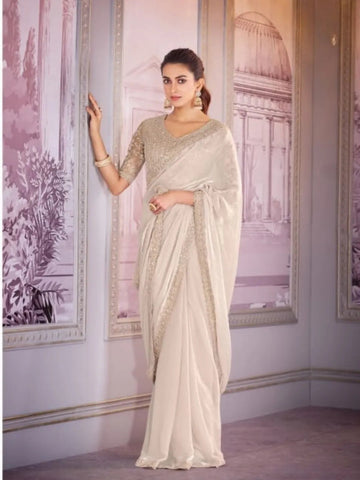 Outstanding Off-White Satin Organza Embroidered Saree - women's fashion mart