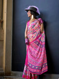 Radiating Pink Contemporary Printed Satin Crepe Saree - women's fashion mart