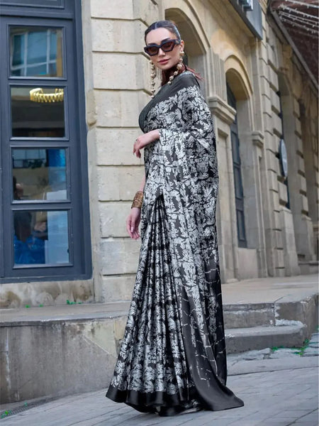 Formidable Black-White Contemporary Printed Satin Crepe Saree - women's fashion mart