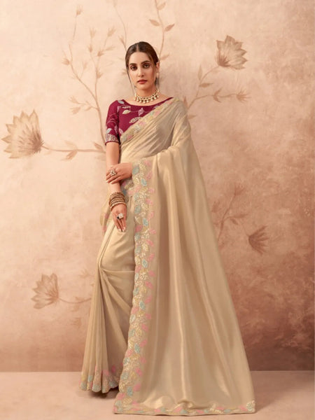 Comforting Cream Fancy Embroidered Party Wear Saree - women's fashion mart