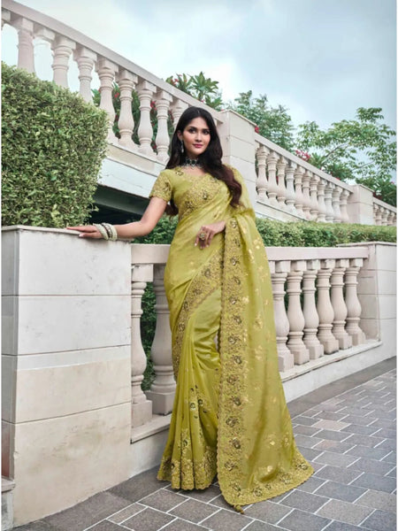 Glorious Parrot Green Tissue Silk Heavy Embroidered Saree - women's fashion mart