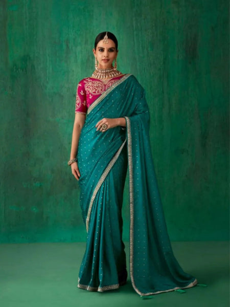 Fantastic Teal Green Satin Jacquard Worked Party Wear Saree - women's fashion mart