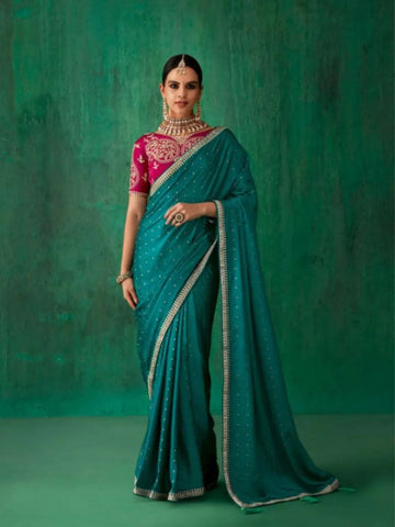 Fantastic Teal Green Satin Jacquard Worked Party Wear Saree - women's fashion mart