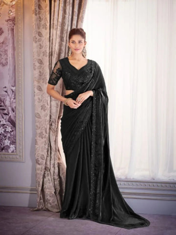 Stunning Black Satin Organza Embroidered Saree - women's fashion mart