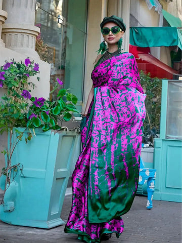 Glowing Pink-Green Contemporary Printed Satin Crepe Saree - women's fashion mart