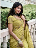 Glorious Parrot Green Tissue Silk Heavy Embroidered Saree - women's fashion mart