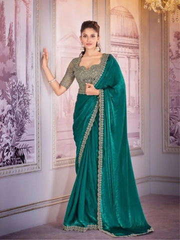 Fantastic Teal Green Satin Organza Embroidered Saree - women's fashion mart
