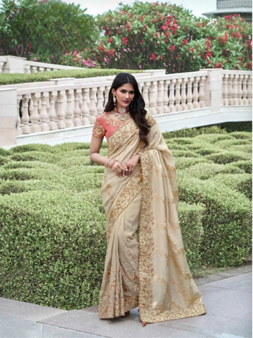 Charming Cream Tissue Silk Heavy Embroidered Saree - women's fashion mart