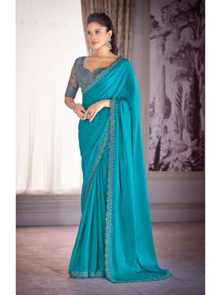 Comforting Sky Blue Satin Organza Embroidered Saree - women's fashion mart