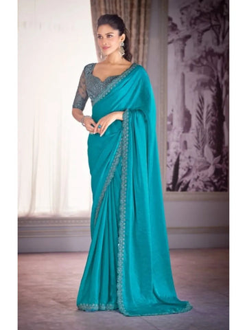 Comforting Sky Blue Satin Organza Embroidered Saree - women's fashion mart