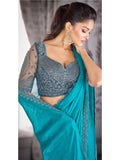 Comforting Sky Blue Satin Organza Embroidered Saree - women's fashion mart