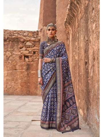 Elegant Navy Blue Viscos Silk Ajrakh and Kalamkari Printed Saree - women's fashion mart