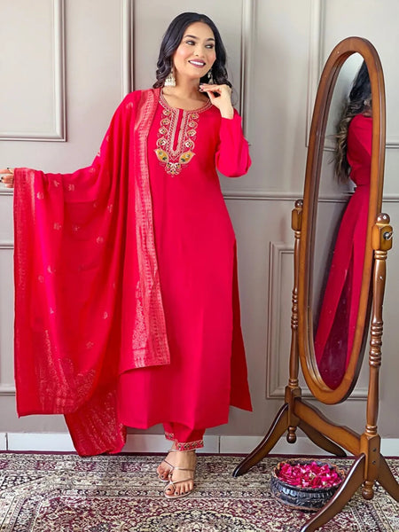 Classic Pinkish Red Embroidered Viscos Chanderi Salwar Kameez - women's fashion mart