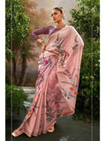 Fiery Rose Pink Soft Linen Tissue Hand Brush Printed Saree - women's fashion mart