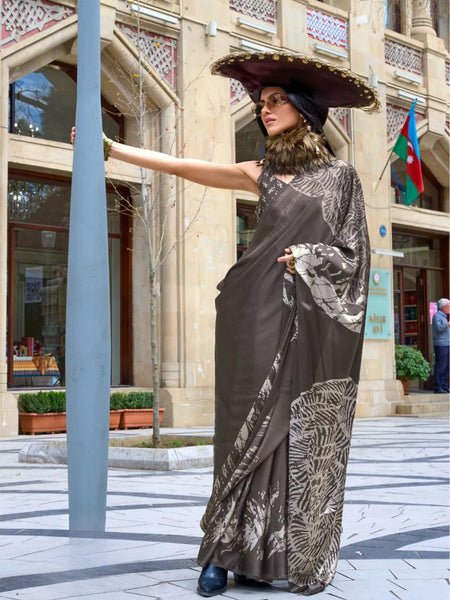 Dazzling Dark Grey Contemporary Printed Satin Crepe Saree - women's fashion mart
