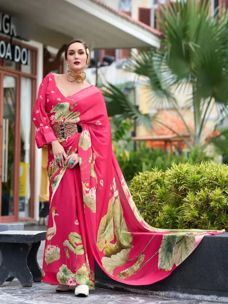 Pristine and Iconic Dusty Pink Pure Georgette Printed Saree - women's fashion mart