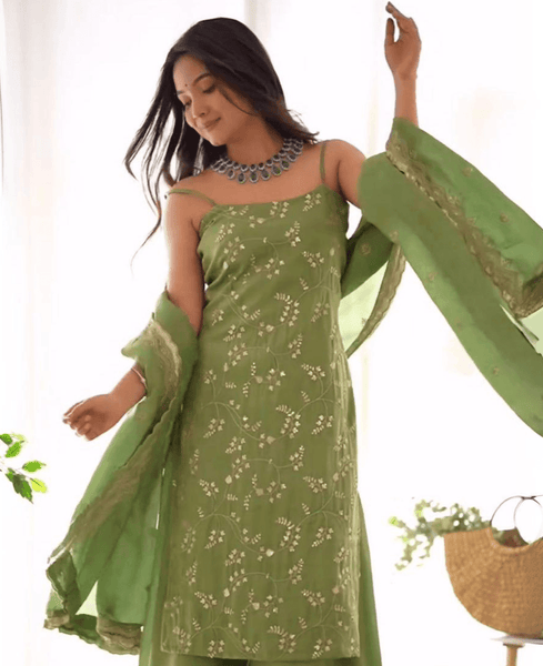 Pista green colour sequence embroidery work on jimmy choo suit -Designer Suit M (38" inches) / Green women's fashion mart