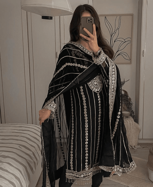 Black colour embroidery work suit -Designer Suit M / Black women's fashion mart