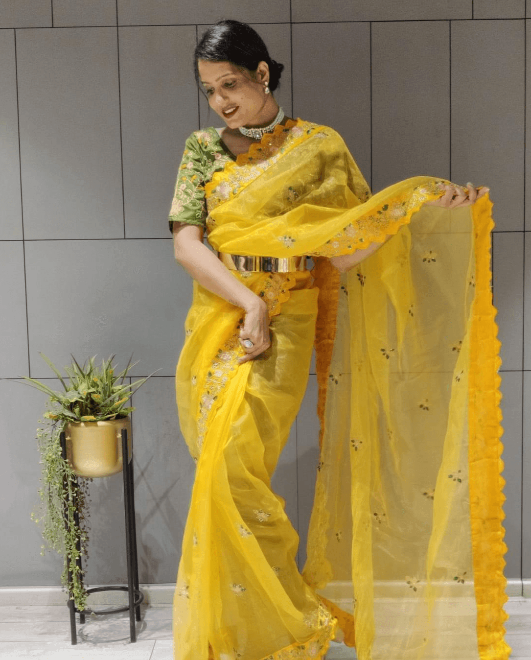 1 min ready to wear organza silk saree -Organza Saree yellow women's fashion mart