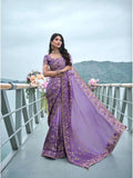 Luxurious Lavender Tissue Silk Heavy Embroidered Saree - women's fashion mart