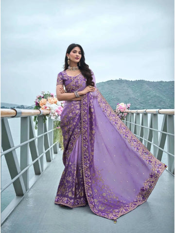 Luxurious Lavender Tissue Silk Heavy Embroidered Saree - women's fashion mart