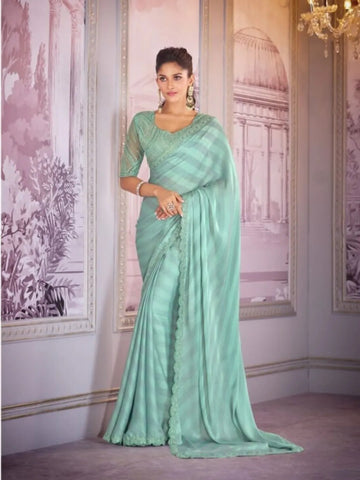 Mesmerizing Sea Green Chiffon Embroidered Saree - women's fashion mart