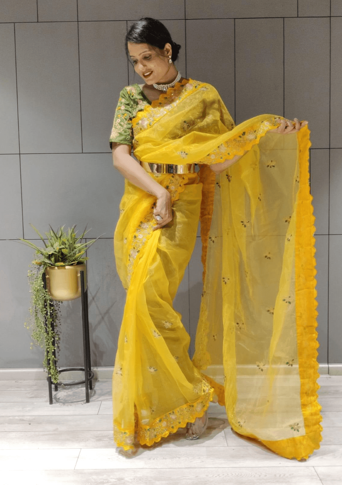 1 min ready to wear organza silk saree -Organza Saree yellow women's fashion mart