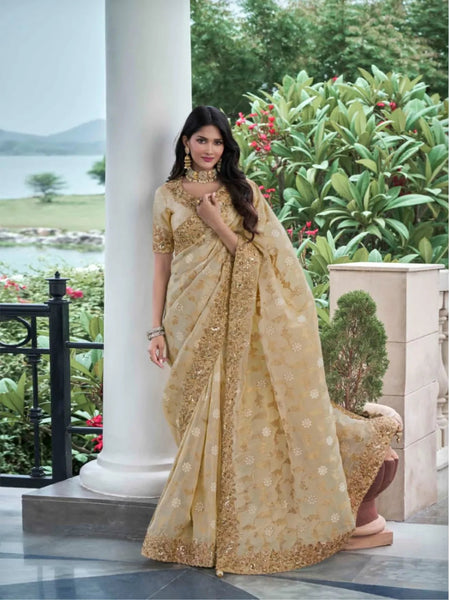 Elegant Beige Tissue Silk Heavy Embroidered Saree - women's fashion mart