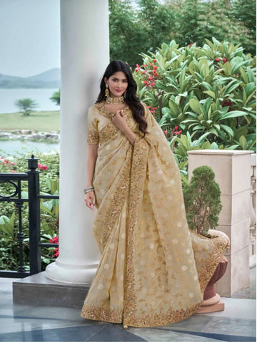 Elegant Beige Tissue Silk Heavy Embroidered Saree - women's fashion mart