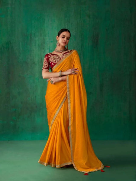 Marvelous Mustard Satin Jacquard Worked Party Wear Saree - women's fashion mart