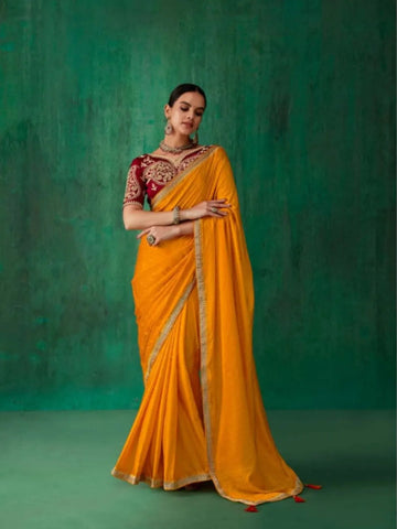Marvelous Mustard Satin Jacquard Worked Party Wear Saree - women's fashion mart