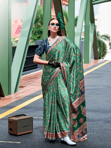 Dazzling Dark Green Satin Silk Printed Saree -Saree Unstitched women's fashion mart