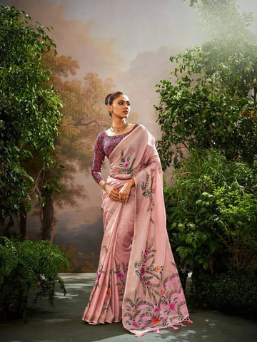 Fiery Rose Pink Soft Linen Tissue Hand Brush Printed Saree - women's fashion mart