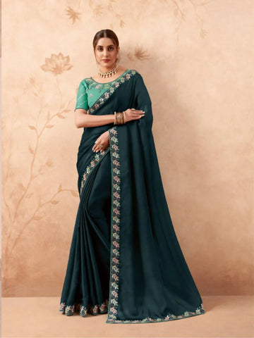 Elegant Dark Forest Green Fancy Embroidered Party Wear Saree - women's fashion mart