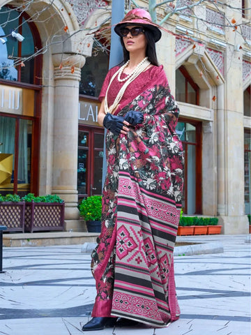 Stunning Light Burgundy Contemporary Printed Satin Crepe Saree - women's fashion mart