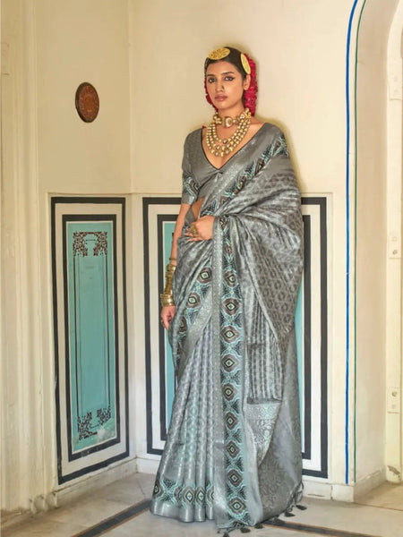 Gorgeous and Designer Grey Silk Printed Traditional Saree - women's fashion mart