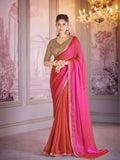 Vibrant Pink-Orange Chiffon Organza Embroidered Saree - women's fashion mart