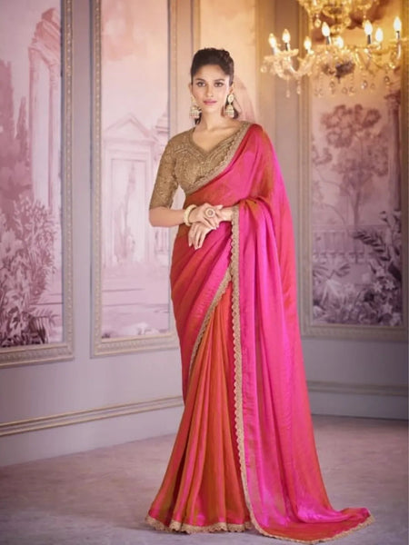 Vibrant Pink-Orange Chiffon Organza Embroidered Saree - women's fashion mart