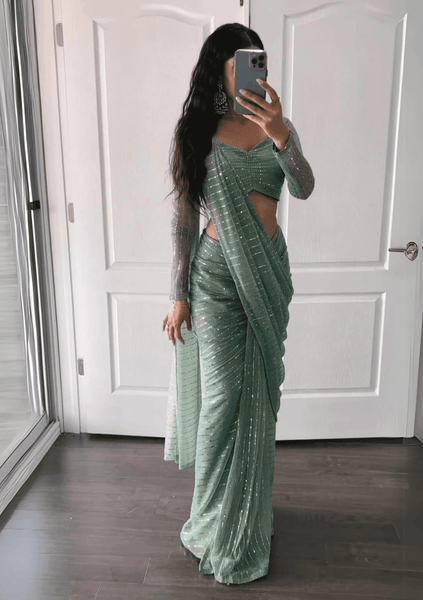 Ready to wear pista colour sequence work on net saree -Net Saree Green women's fashion mart