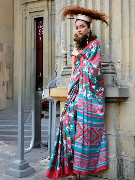 Eye-Catching Aqua Blue Contemporary Printed Satin Crepe Saree - women's fashion mart