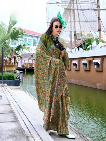 Mesmerizing Mehndi Green Satin Silk Printed Traditional Saree - women's fashion mart