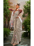Pristine Pinkish Grey Soft Linen Tissue Hand Brush Printed Saree - women's fashion mart