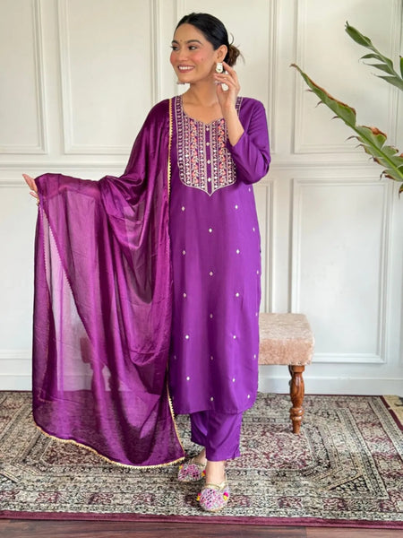 Pristine Purple Embroidered Rayon Salwar Kameez - women's fashion mart