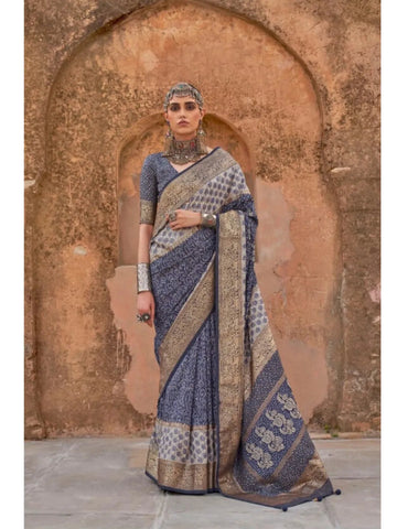 Blazing Dark Blue Viscos Silk Ajrakh and Kalamkari Printed Saree - women's fashion mart