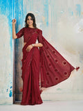 Ravishing Red Satin Crepe Applique Floral Ready To Wear Saree - women's fashion mart