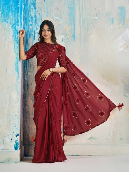 Ravishing Red Satin Crepe Applique Floral Ready To Wear Saree - women's fashion mart