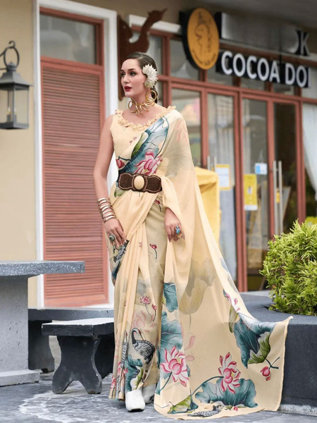 Comforting and Fiery Cream Pure Georgette Printed Saree -Saree Unstitched women's fashion mart