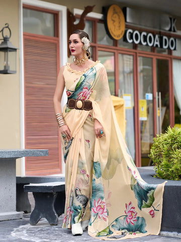 Comforting and Fiery Cream Pure Georgette Printed Saree - women's fashion mart