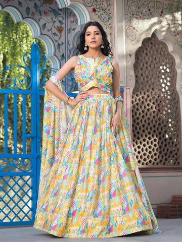 Luminous Lime Yellow Slim Georgette Floral Printed Lehenga Choli - women's fashion mart
