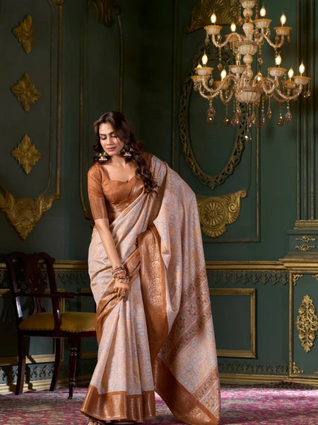 Divine Dusty Brown Soft Dola Silk Printed Saree - women's fashion mart